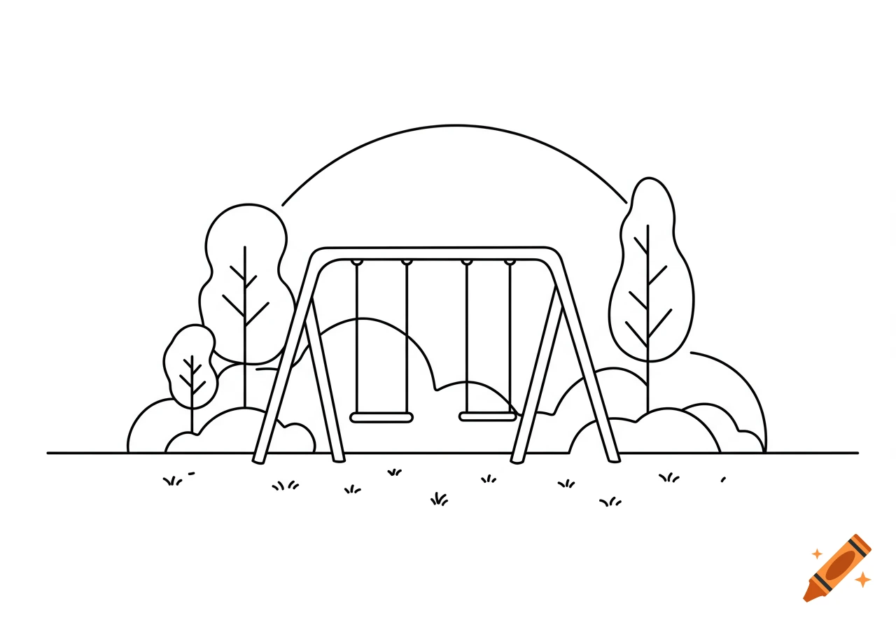 Minimalist line art drawing of a playground with a two-seat swing set and trees in the background.