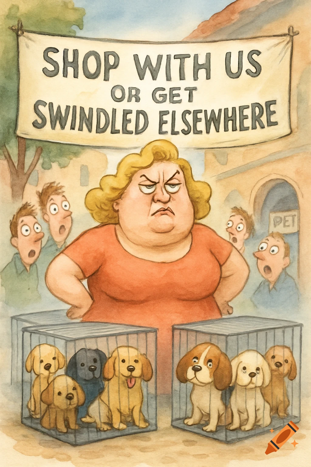 An angry, stout blonde woman stands behind two cages of puppies under a banner that reads "Shop with us or get swindled elsewhere," in a humorous watercolor caricature style.