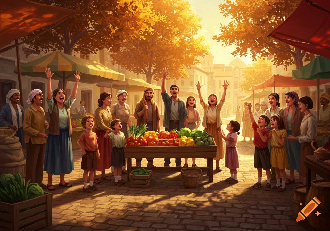 A vibrant illustration of adults and children excitedly gathered around a market stall overflowing with fresh fruit and vegetables under a sunny sky.