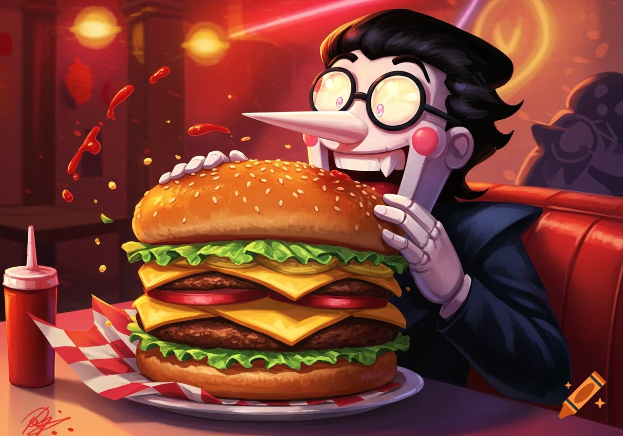 Cartoon character Spamton from Deltarune happily devouring a comically large cheeseburger in a vibrant diner setting.