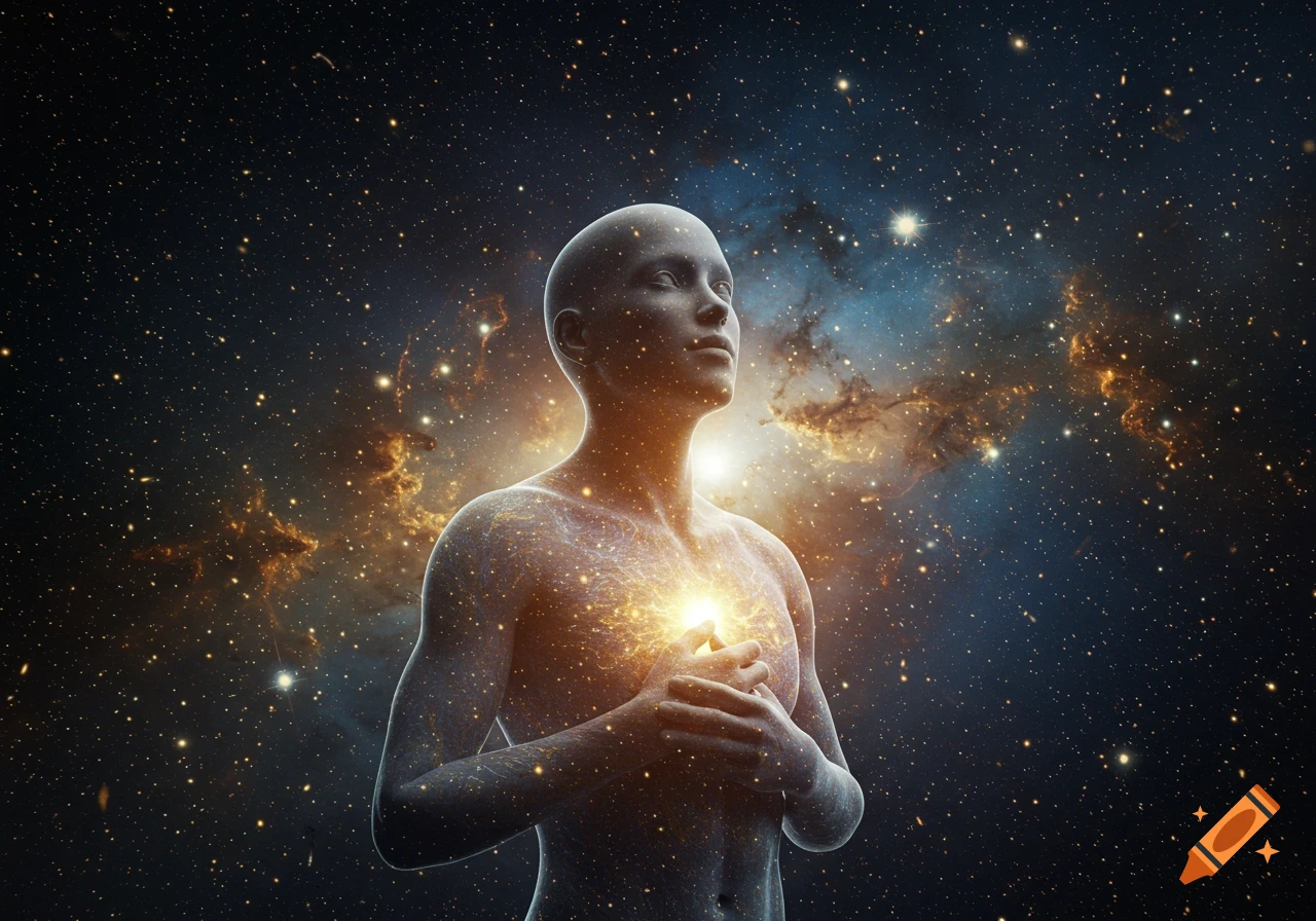 A glowing, bald human figure with hands on its chest, radiating light against a dark cosmic background with stars and nebulae.