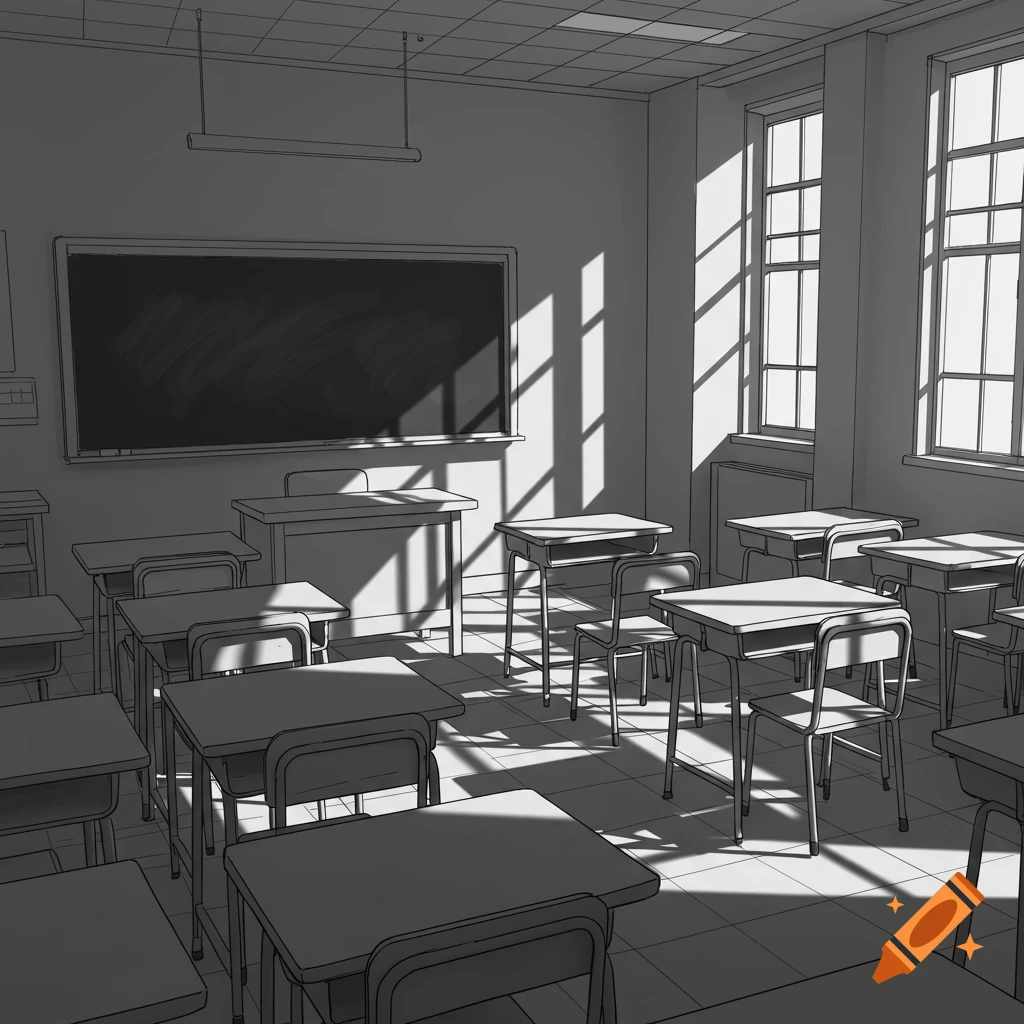 A grayscale line drawing of an empty classroom with rows of desks and chairs, sunlight streaming through tall windows onto the tiled floor.