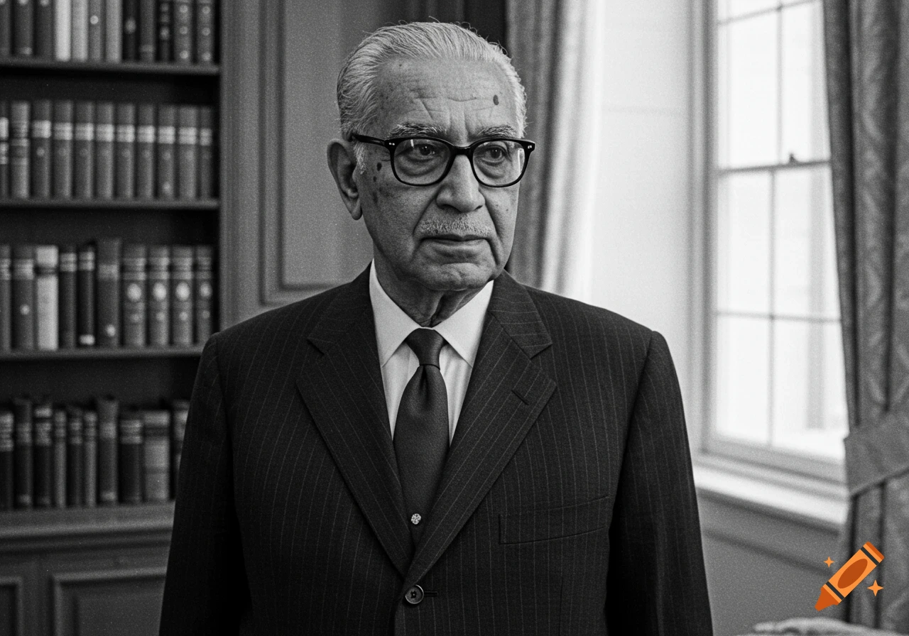 Black and white portrait of an older man with gray hair, a mustache, glasses, and a pinstripe suit, standing in an office with a bookshelf.