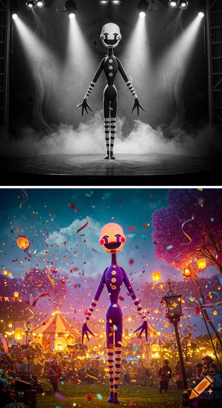A diptych: A black and white puppet on a smoky stage above a colorful puppet in a festive carnival scene.