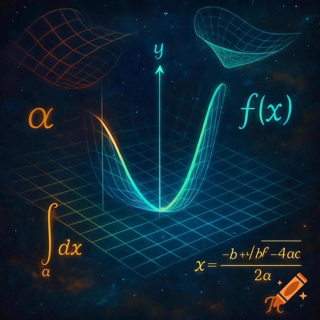 A vibrant, neon-lit illustration of mathematical equations and 3D graphs against a cosmic background.