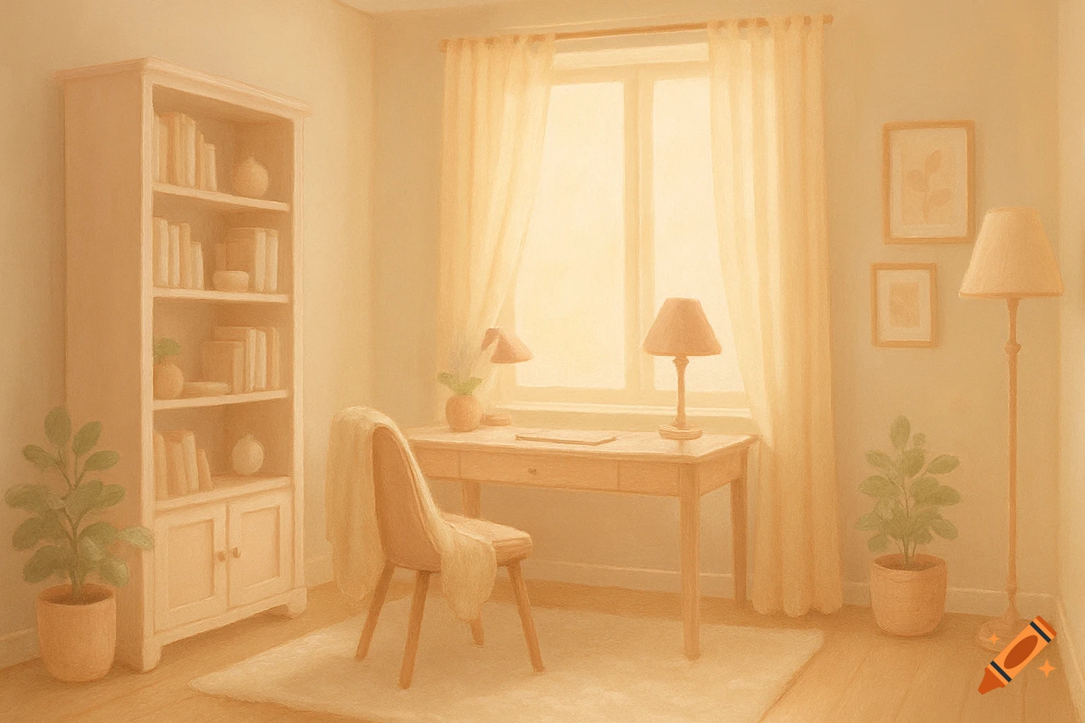 A warm, cozy home office with a light wooden desk, chair, bookshelf, potted plants, and soft lighting from a window.