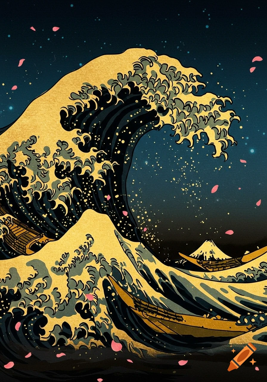 Stylized black and gold Japanese Ukiyo-e wave with boats under a starry midnight sky, with pink sakura blossoms falling.