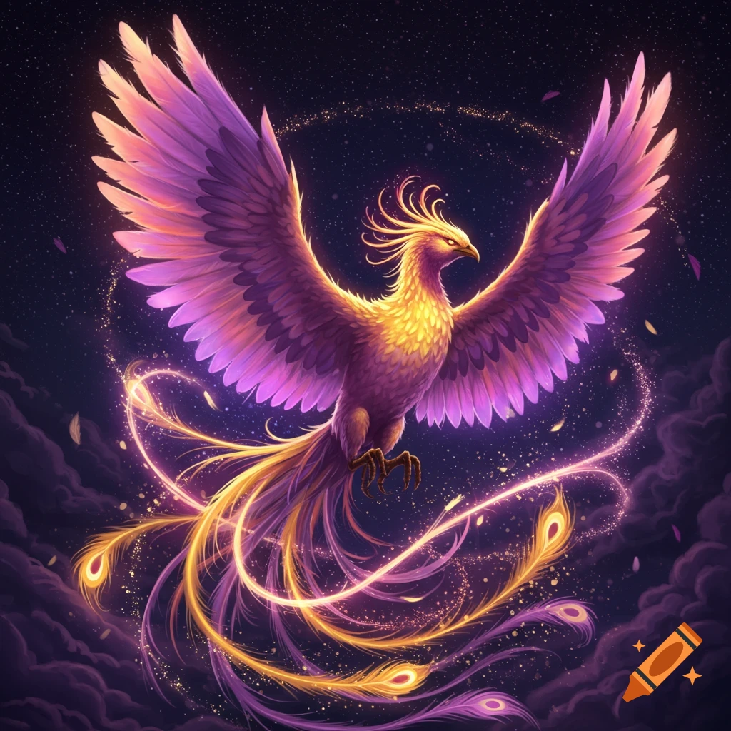 A vibrant phoenix with glowing purple, lilac, and gold feathers spreads its wings amidst sparkling magical swirls against a starry night sky with dark clouds.