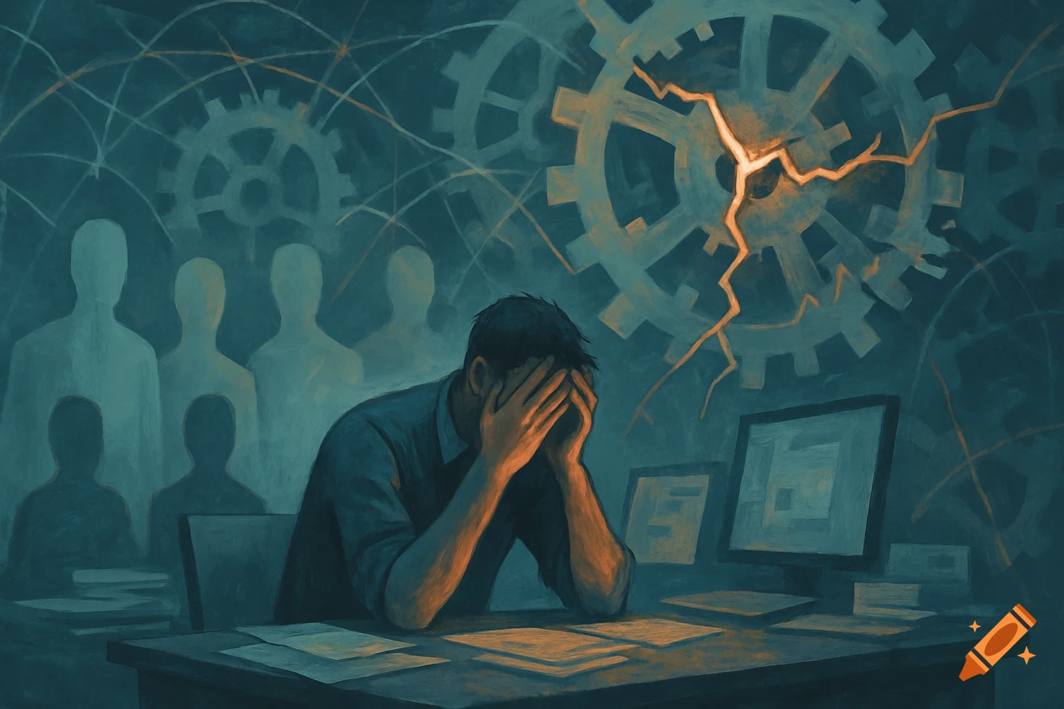 Stylized painting of a distressed man at a desk, holding his head, with abstract figures and a large broken gear in the dark background.