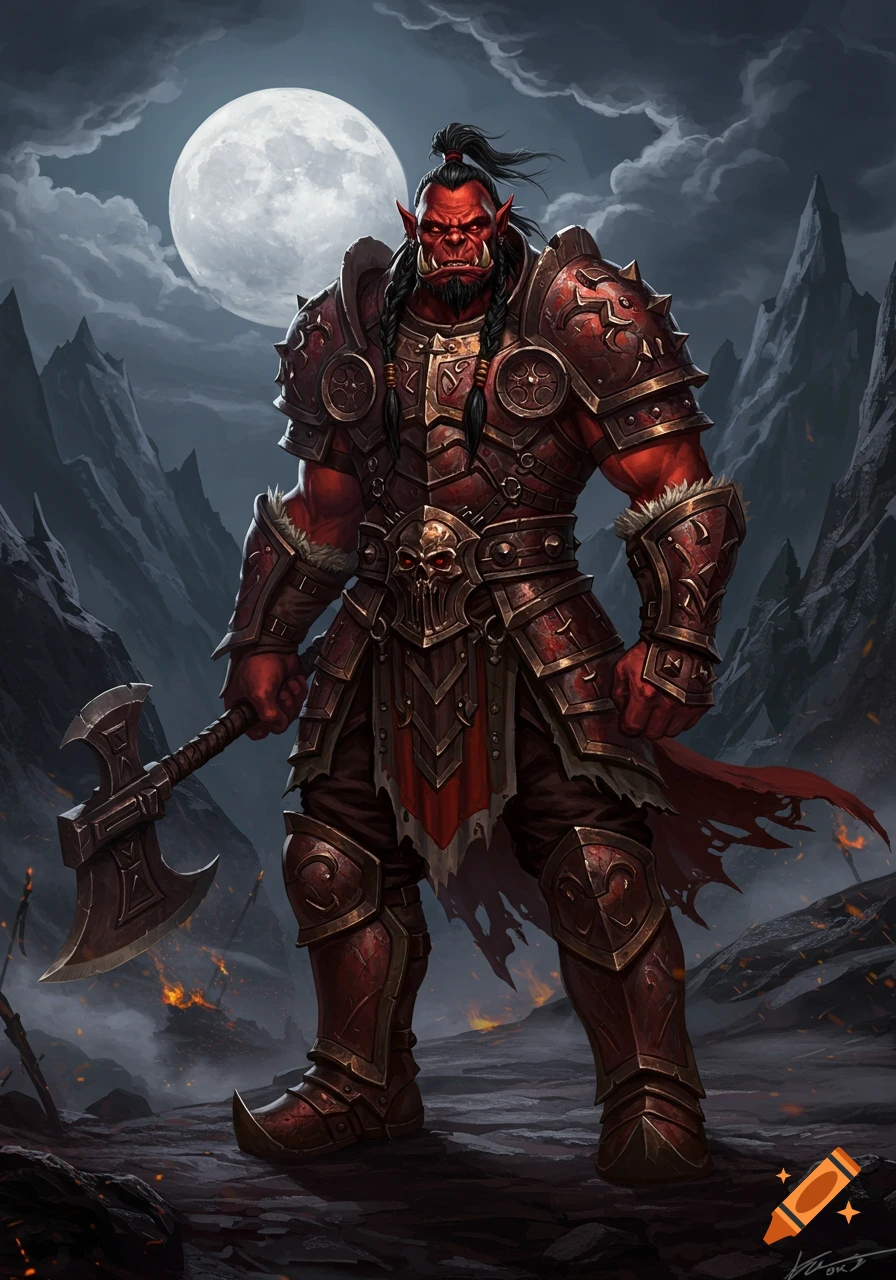 A red-skinned orc warrior in elaborate red and bronze armor holds a battle-axe under a full moon in a dark, fiery mountain landscape.
