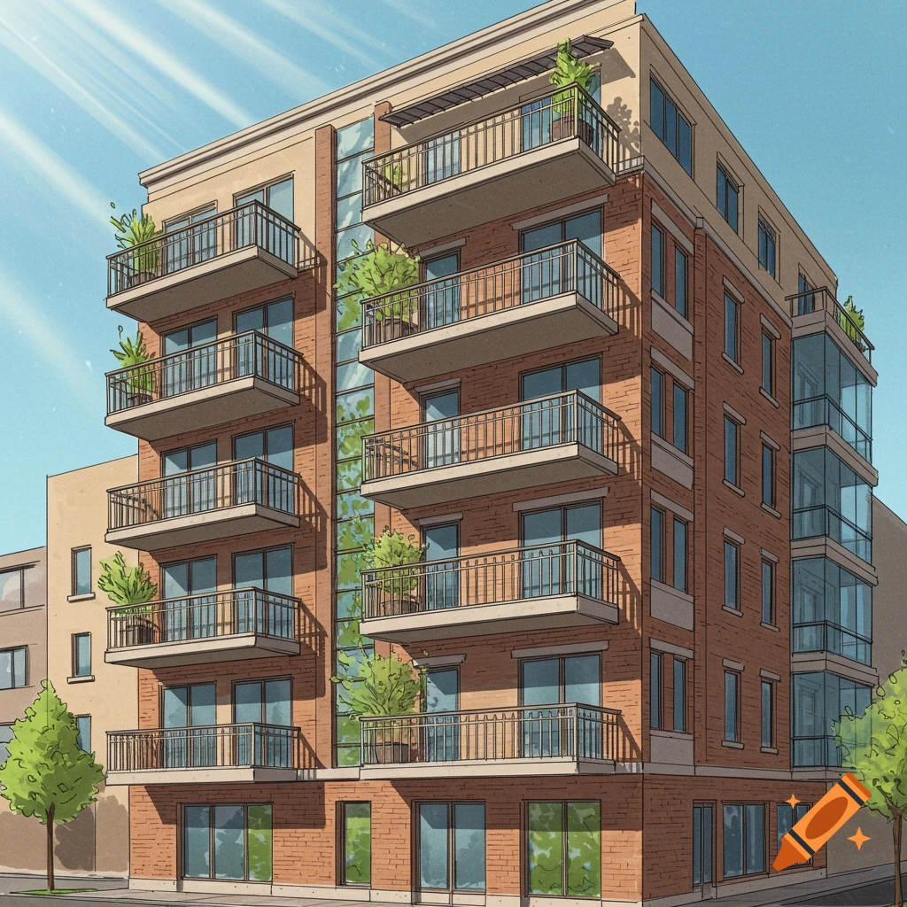 Perspective illustration of a modern brick building with several stories, balconies, and large windows under a clear sky.