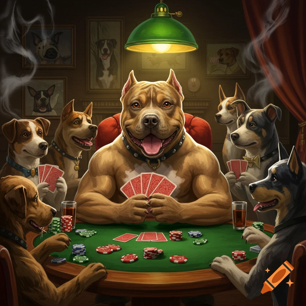 An anthropomorphic pitbull and other dogs playing poker at a table under a green lamp, in a detailed, illustrative style.