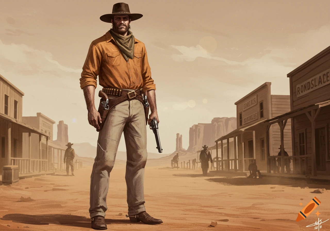 A stoic cowboy in a brown hat, ochre shirt, and light pants stands in a dusty Western town, holding a revolver.