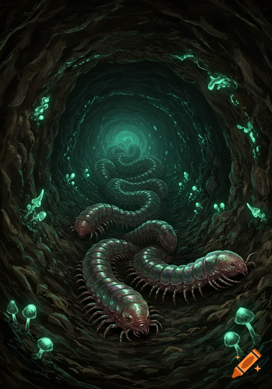 Large, segmented centipede-like creatures crawl through a dark, glowing cave in a fantasy illustration.