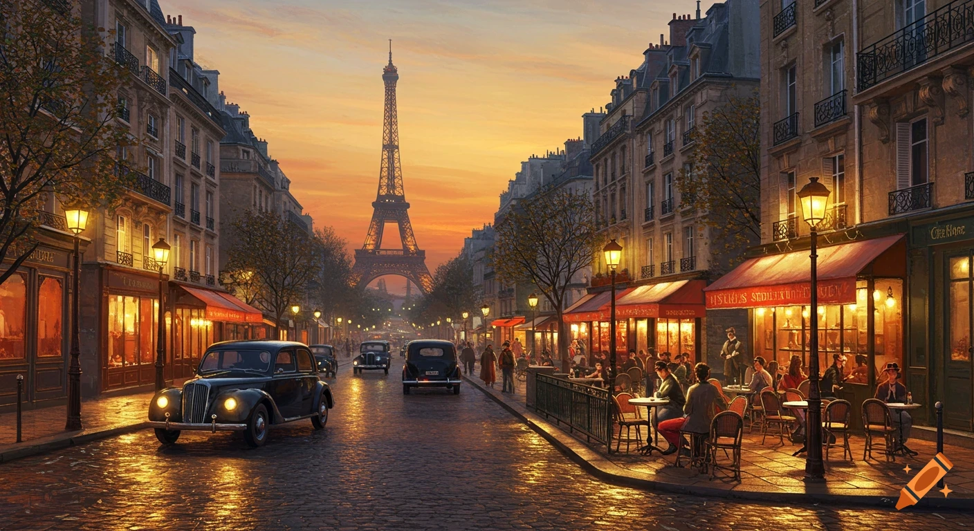 A vibrant Parisian street scene at sunset, with the Eiffel Tower in the distance, vintage cars, and people dining at glowing cafes.