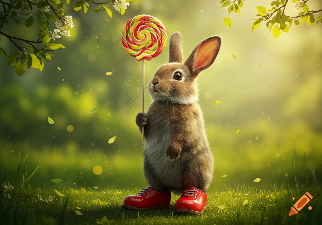 A cute brown rabbit wearing red shoes stands in a lush green field, holding a vibrant swirl lollipop.