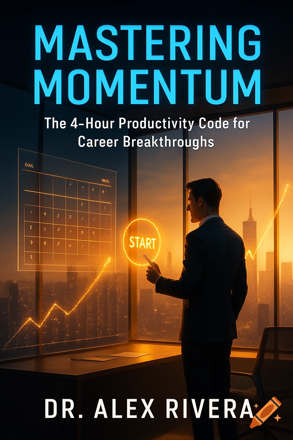 A man in a suit stands in a sleek office at sunrise, touching a glowing "START" button on a holographic display showing a calendar and a rising graph line. Text: "MASTERING MOMENTUM".