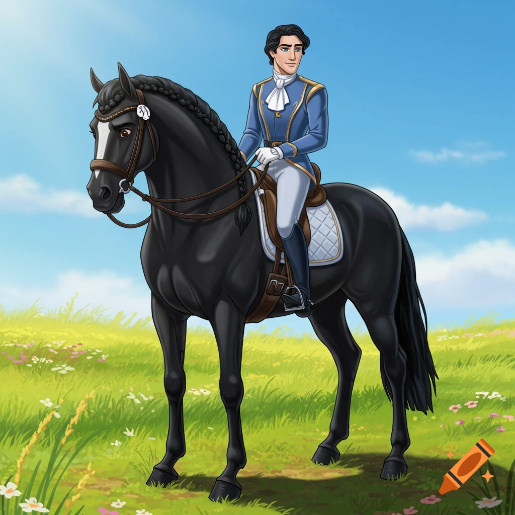 A Disney-style man in a blue and gold uniform rides a black horse with dressage braids through a vibrant green field.