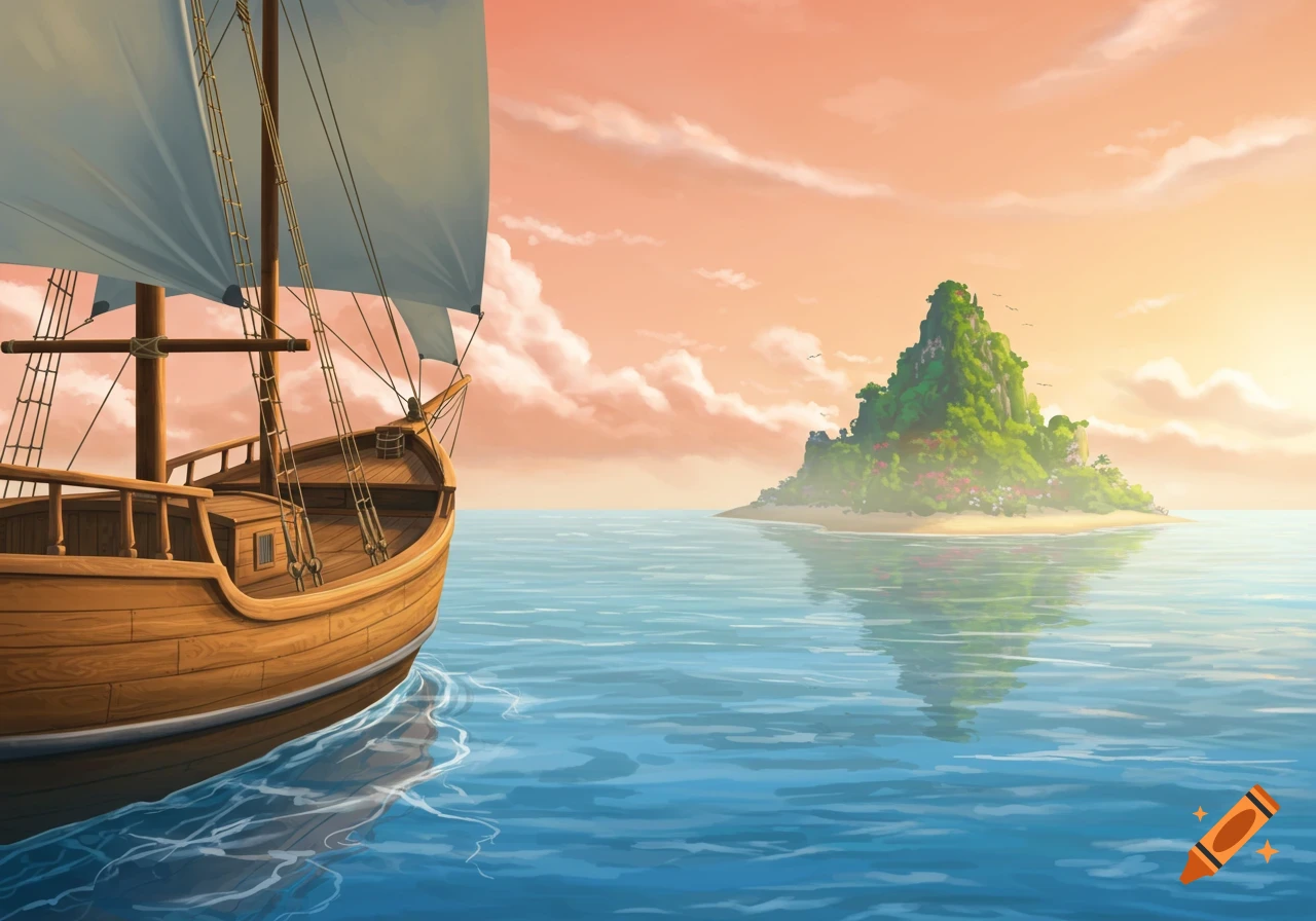 Illustrated wooden sailboat on calm blue water with a lush green tropical island under a vibrant sunset sky.