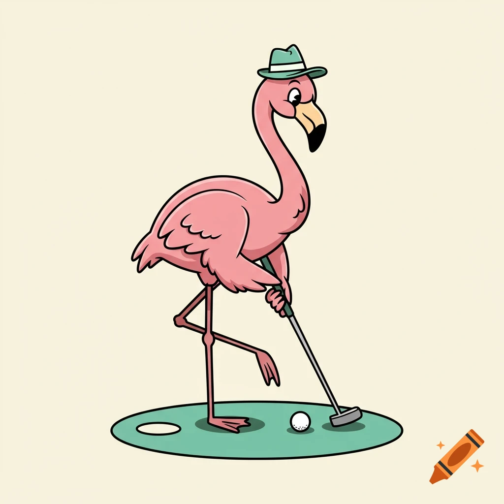 A retro-style cartoon illustration of a pink flamingo wearing a green fedora and playing mini golf on a putting green.