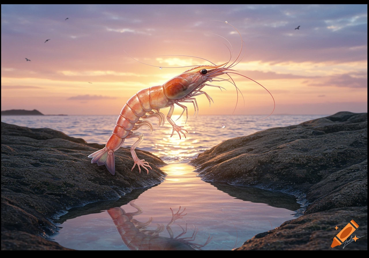 A photorealistic shrimp-lizard hybrid stands on a rocky shore, gazing at the sunset over the ocean, reflected in a tidal pool.