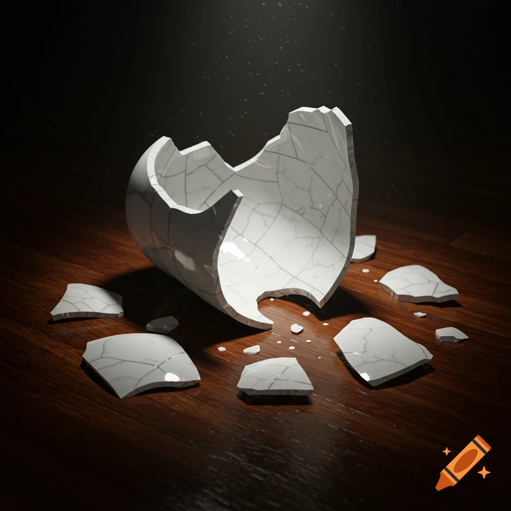 A broken white ceramic vessel with cracks lies on a dark wooden floor under a spotlight, surrounded by shattered pieces.