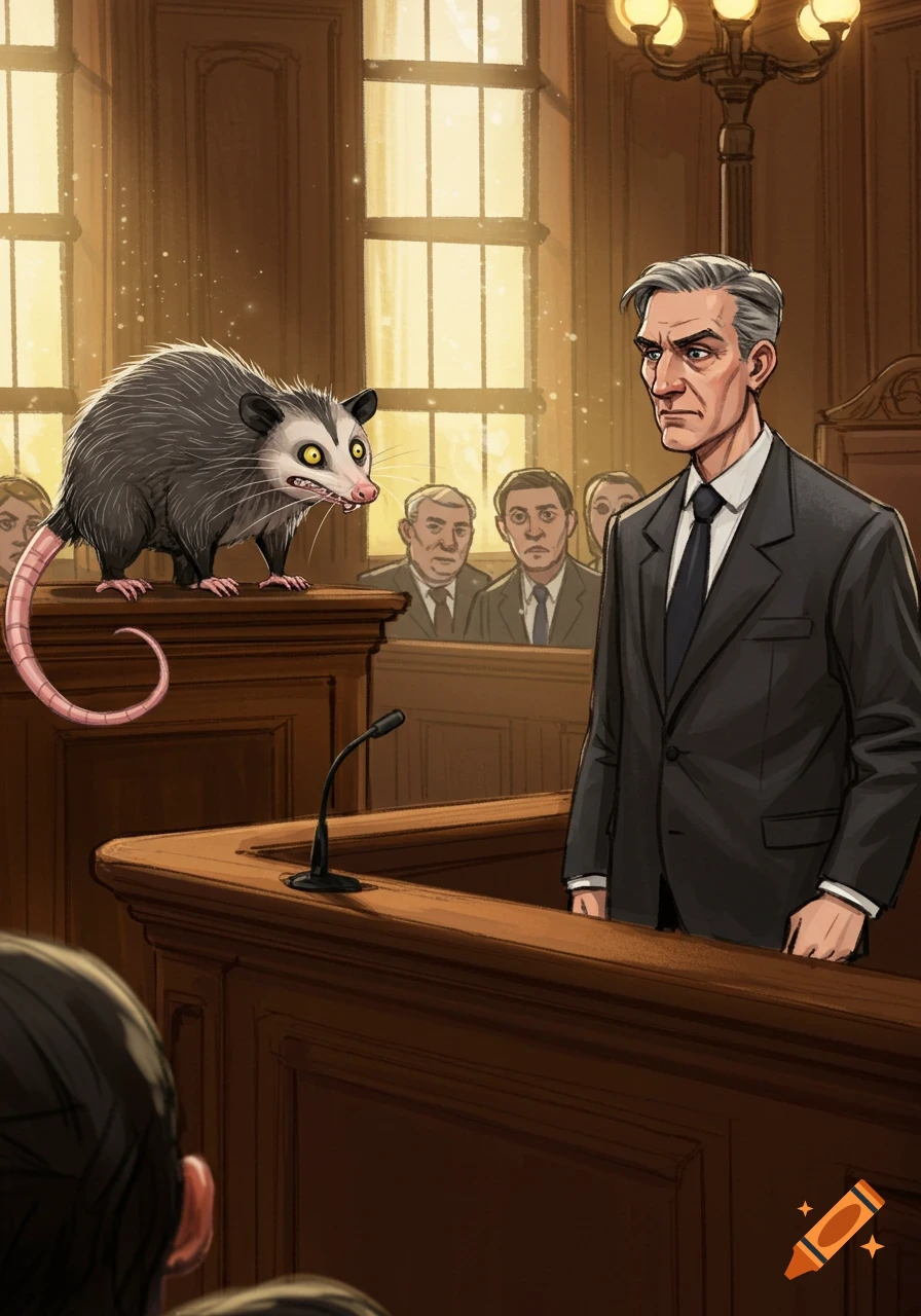 A possum with large yellow eyes on the witness stand in a courtroom, looking at a serious man in a suit.