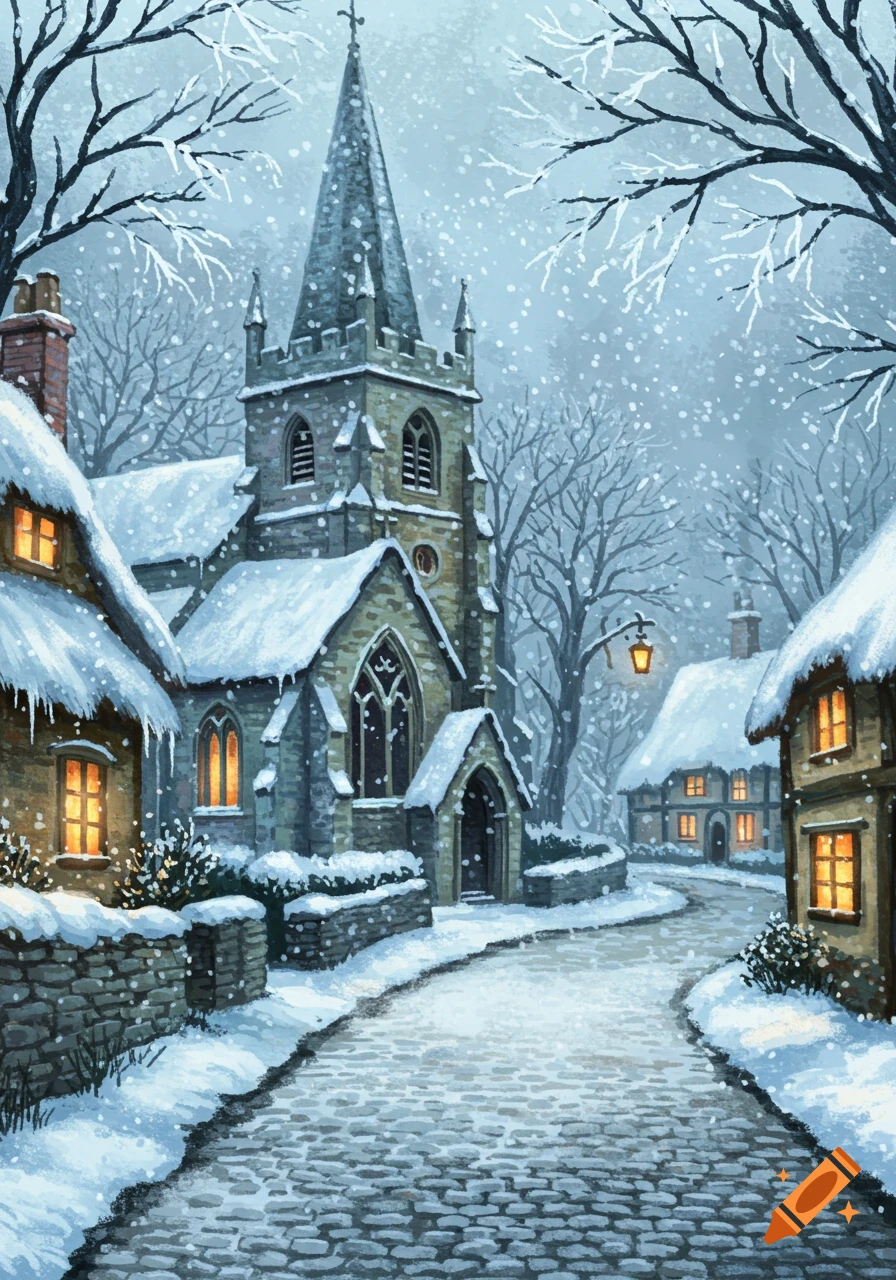 An illustrative painting of a snowy rustic village street with a stone church and glowing windows under falling snow.