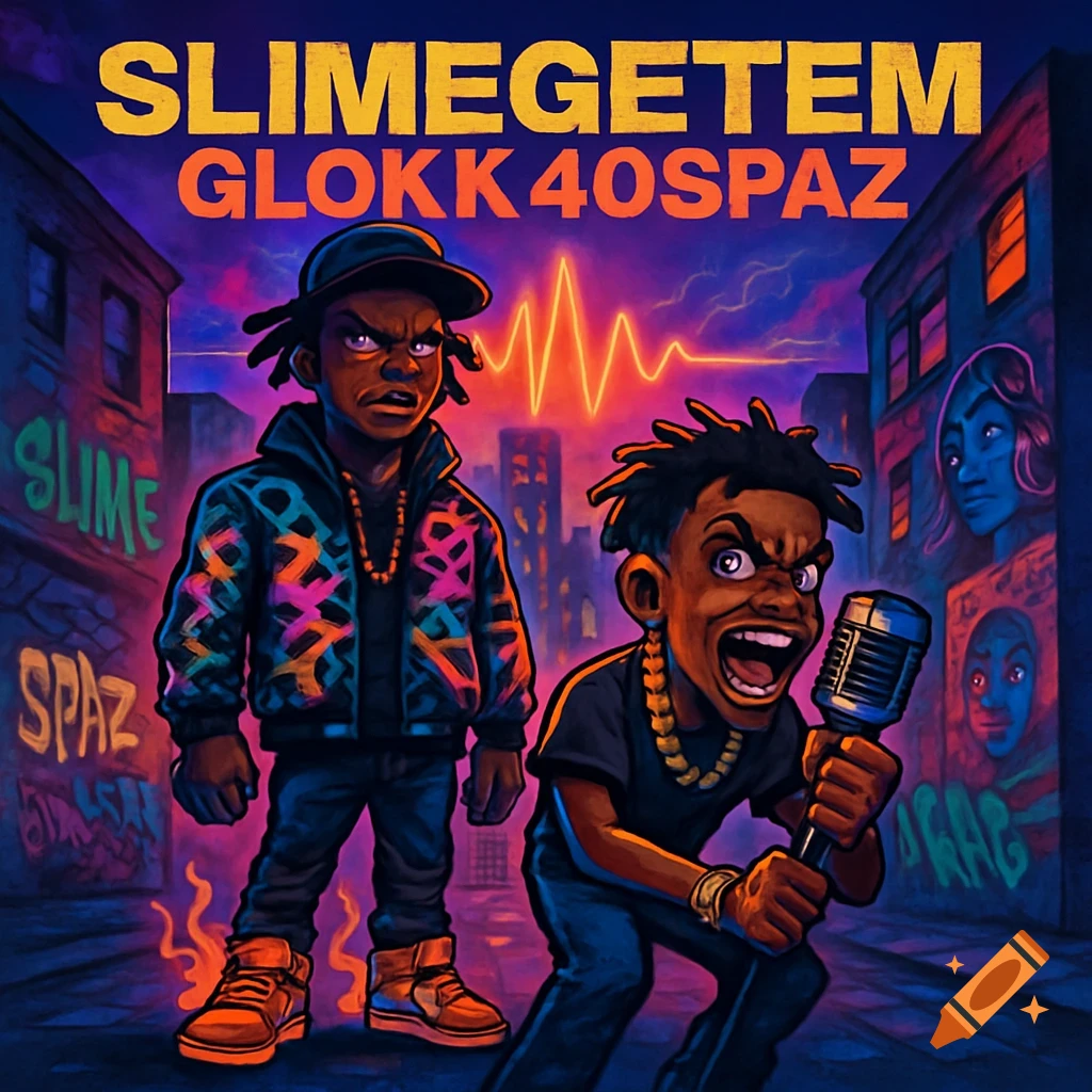 Cartoon album cover featuring two angry-looking male rappers, one holding a microphone, in an urban setting with graffiti and glowing sound waves.