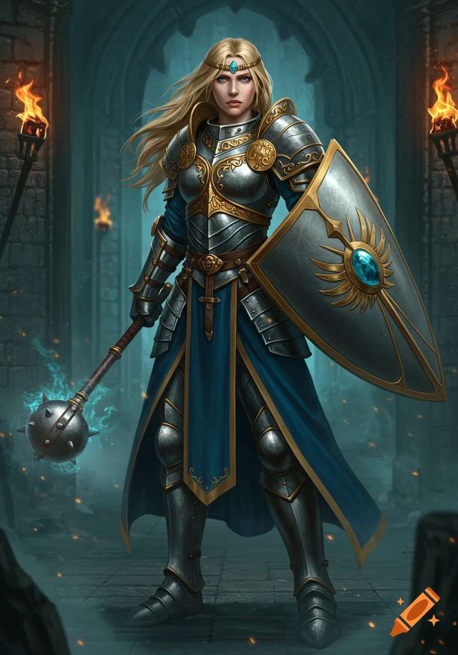 A blonde female cleric in elaborate silver and gold armor and a blue tunic holds a glowing mace and a shield in a dark stone dungeon hallway, lit by torches. Fantasy art style.