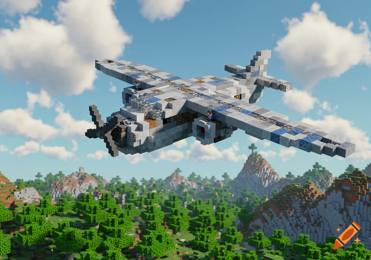 A blocky, gray Minecraft-style airplane flying over a pixelated landscape of green trees and mountains under a blue sky.