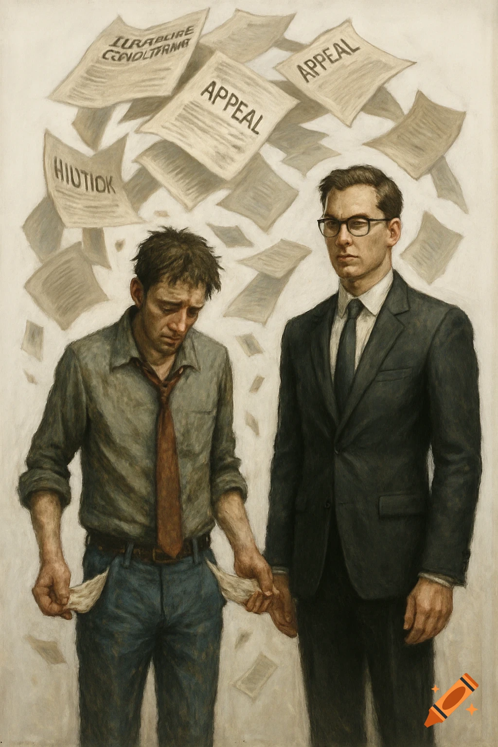 A distressed man with empty pockets stands next to a stern lawyer, as legal documents with words like "APPEAL" and gibberish text float around them, in a painted style.