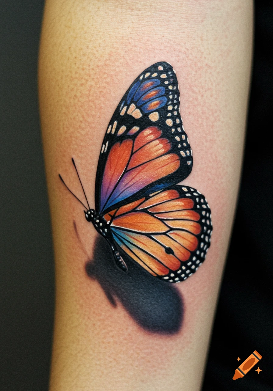 A vibrant, realistic butterfly tattoo with orange, blue, and black wings on a person's arm, casting a soft shadow.