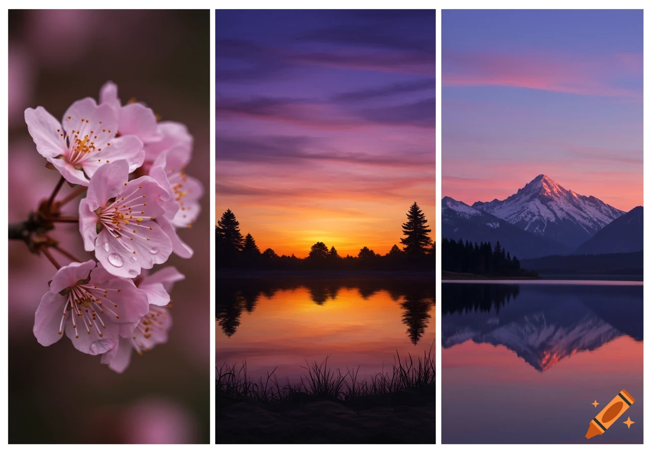Three vertical panels: a close-up of pink cherry blossoms, a vibrant sunset over a lake with trees, and snowy mountains reflected in a calm lake.