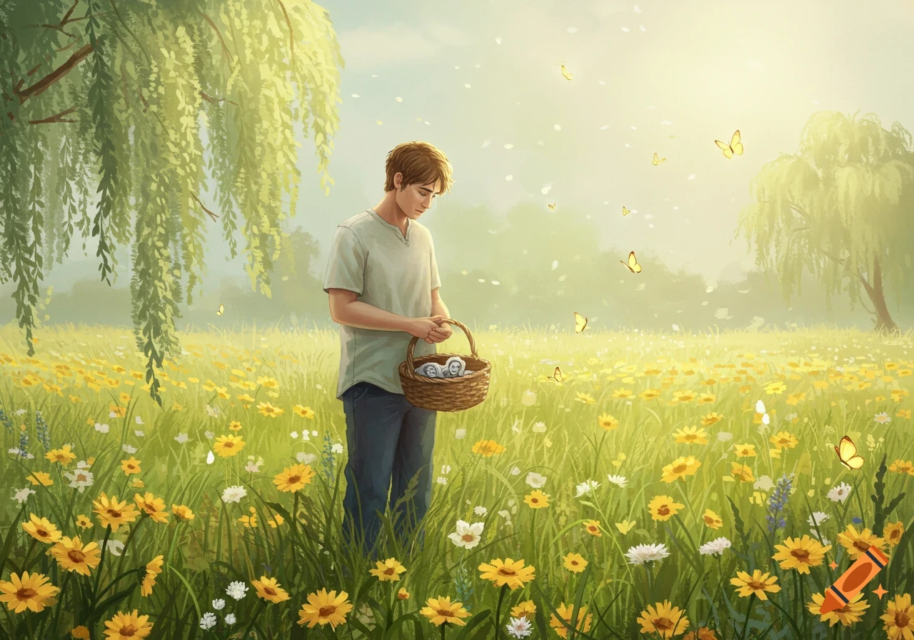 A young man stands in a lush field of yellow and white flowers, holding a basket with small figures, under a weeping willow tree with butterflies.