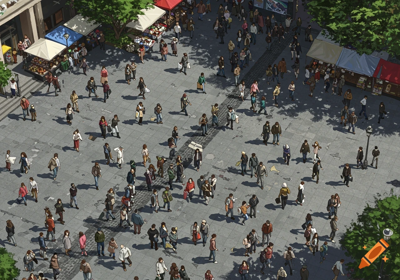 A stylized aerial illustration of a bustling crowd of people in a city square with market stalls and trees.