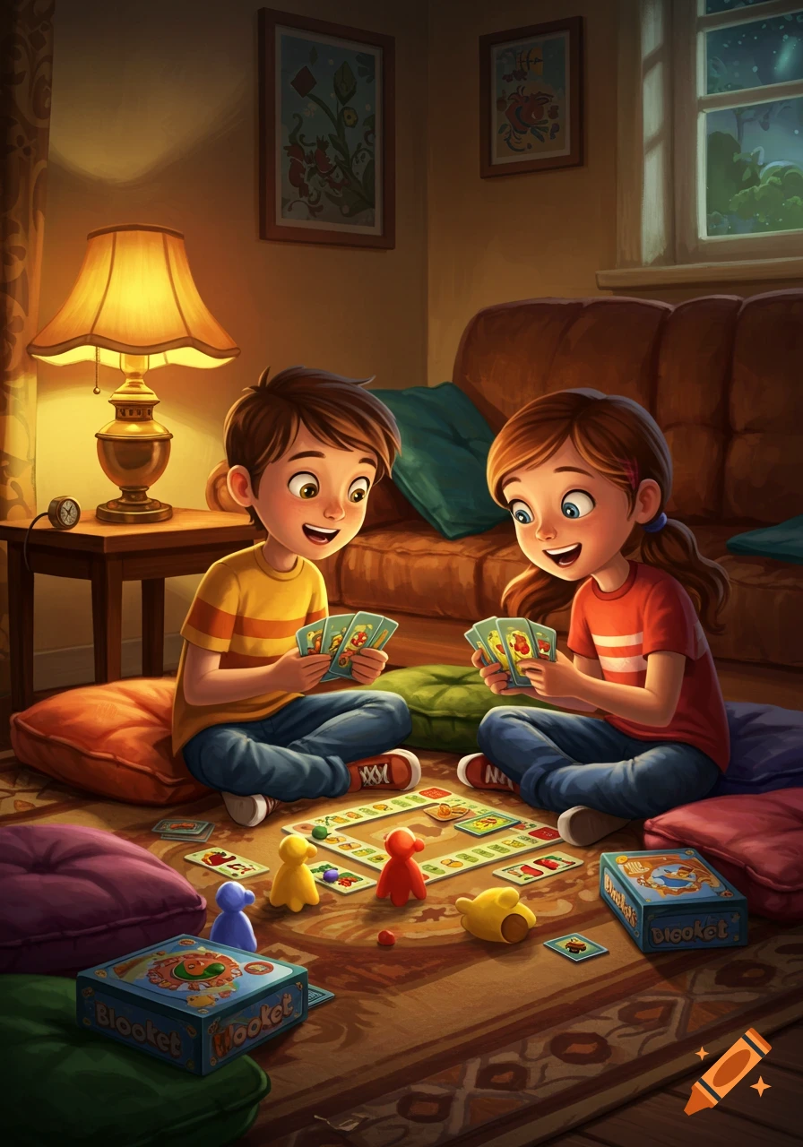 A cartoon boy and girl playing a board game with cards on a cozy living room floor in the evening.