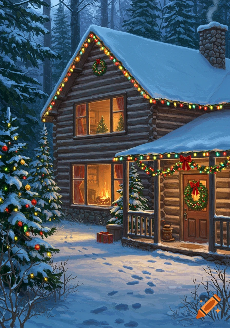 A cozy, snow-covered log cabin in a winter forest, adorned with colorful Christmas lights and wreaths, warm light glows from within.