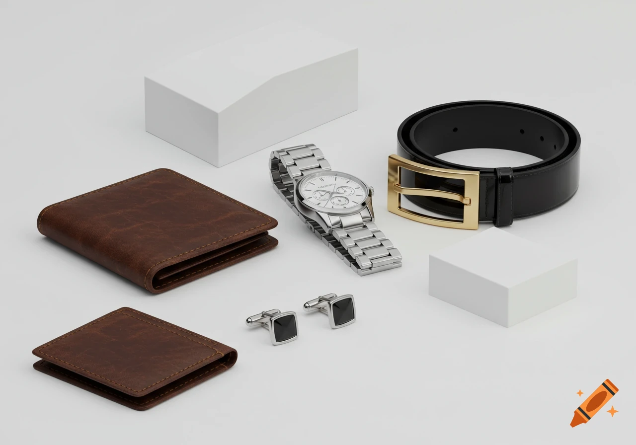 Men's luxury accessories: brown wallet, silver watch, black belt with gold buckle, and cufflinks on a white background.