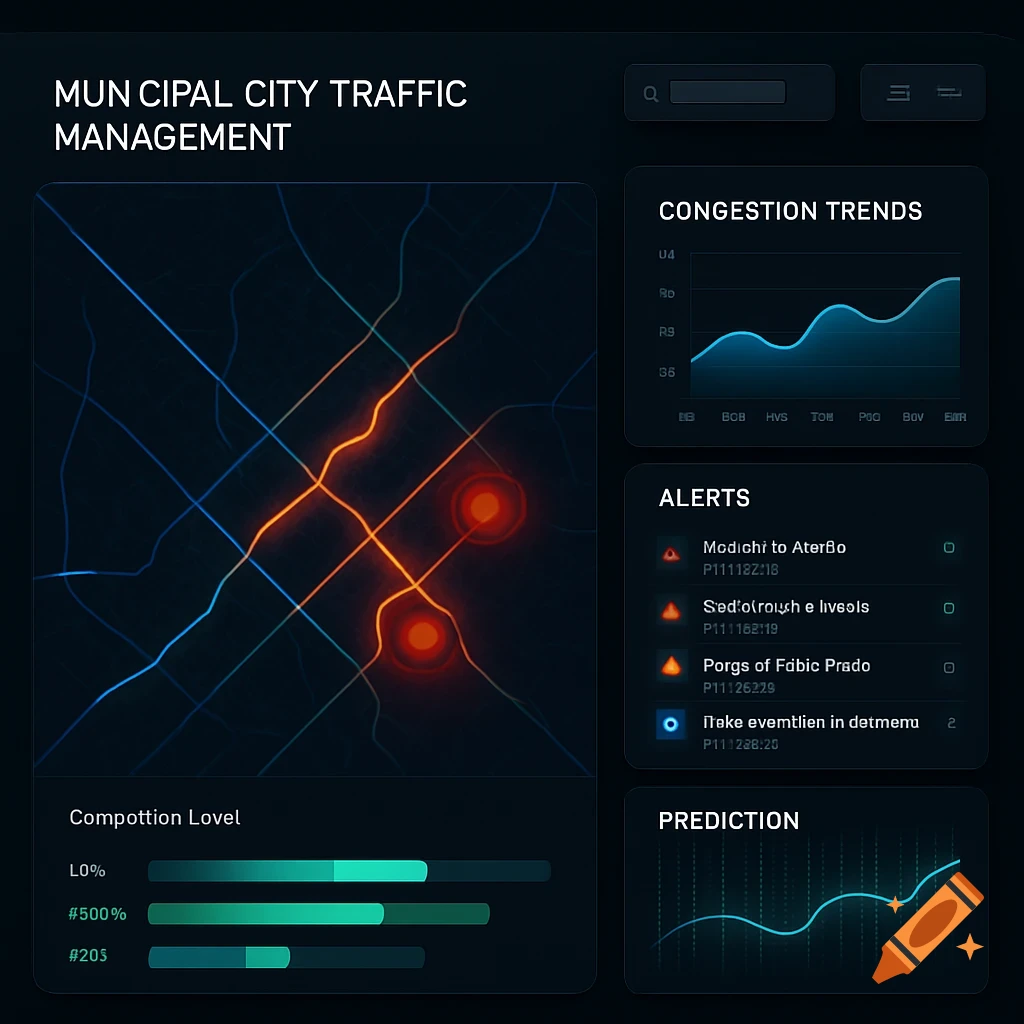 A dark mode desktop dashboard for city traffic management, featuring a map with orange heat zones, congestion trend charts, an alerts panel, and a prediction graph.