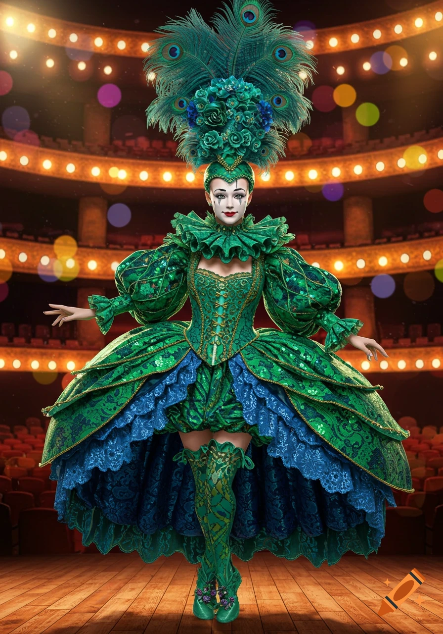 A performer dressed as a pantomime dame in an elaborate green and blue costume with peacock feathers, standing on a brightly lit stage.