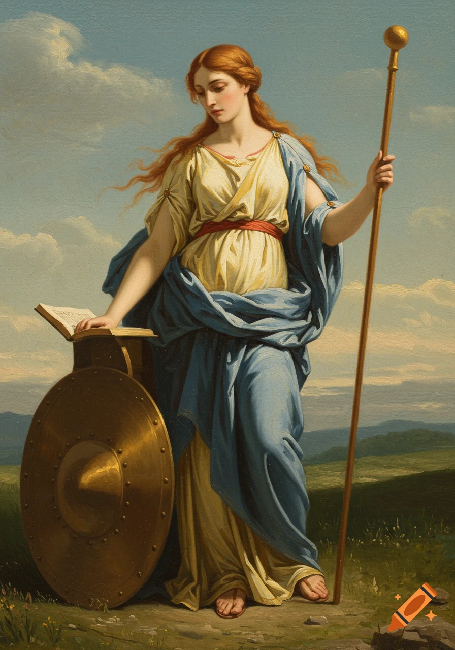 A classical oil painting of an allegorical figure, a woman with red hair in a flowing blue and yellow gown, holding a staff and resting her hand on an open book and shield, in a field under a cloudy sky.