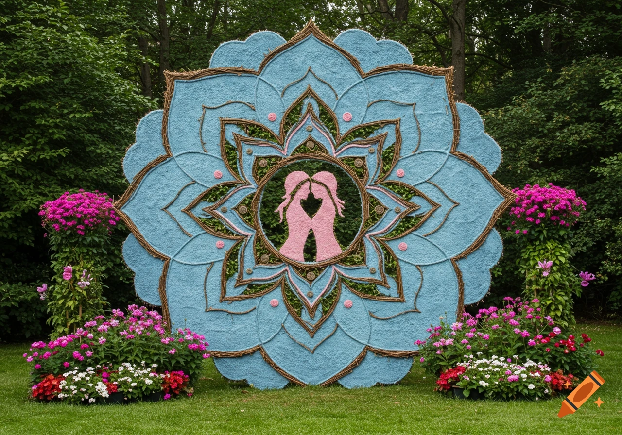 An ornate blue land art mandala with pink heart-shaped figures, framed by branches and moss, surrounded by vibrant flowers in a green garden.