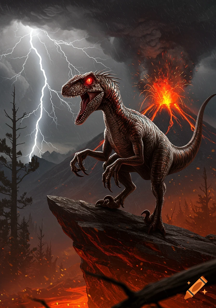 A fierce raptor with glowing red eyes stands on a rock amidst a volcanic eruption, lightning, and falling rain.