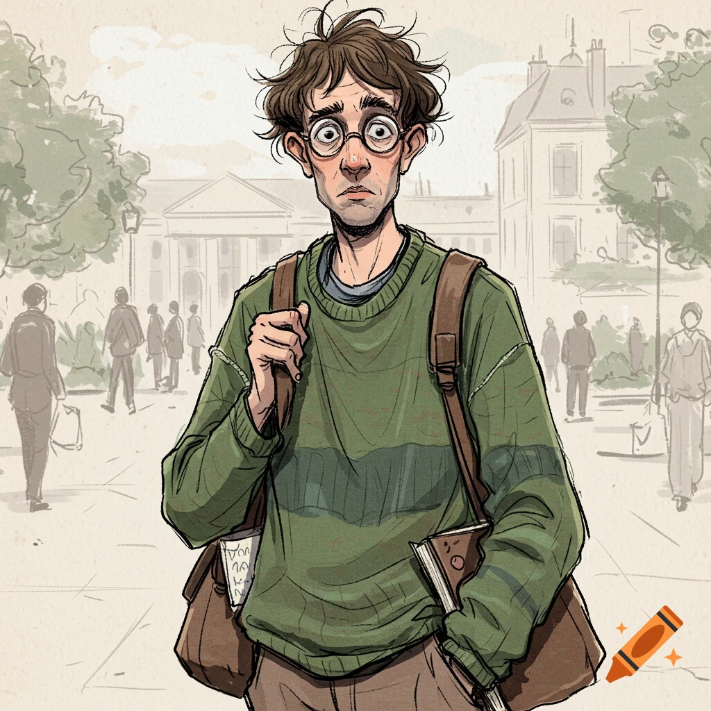 A scruffy male student with glasses and a green sweater, carrying a backpack and books, walks on a campus in a sketch style.