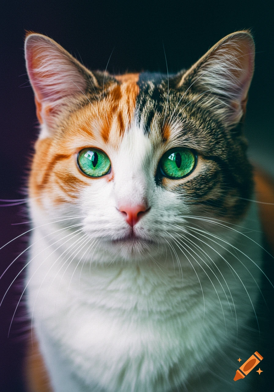 Close up Portrait Of A Calico Cat With Bright Green Eyes And A Mix Of close-up-portrait-of-a-calico-cat-with-bright-green-eyes-and-a-mix-of