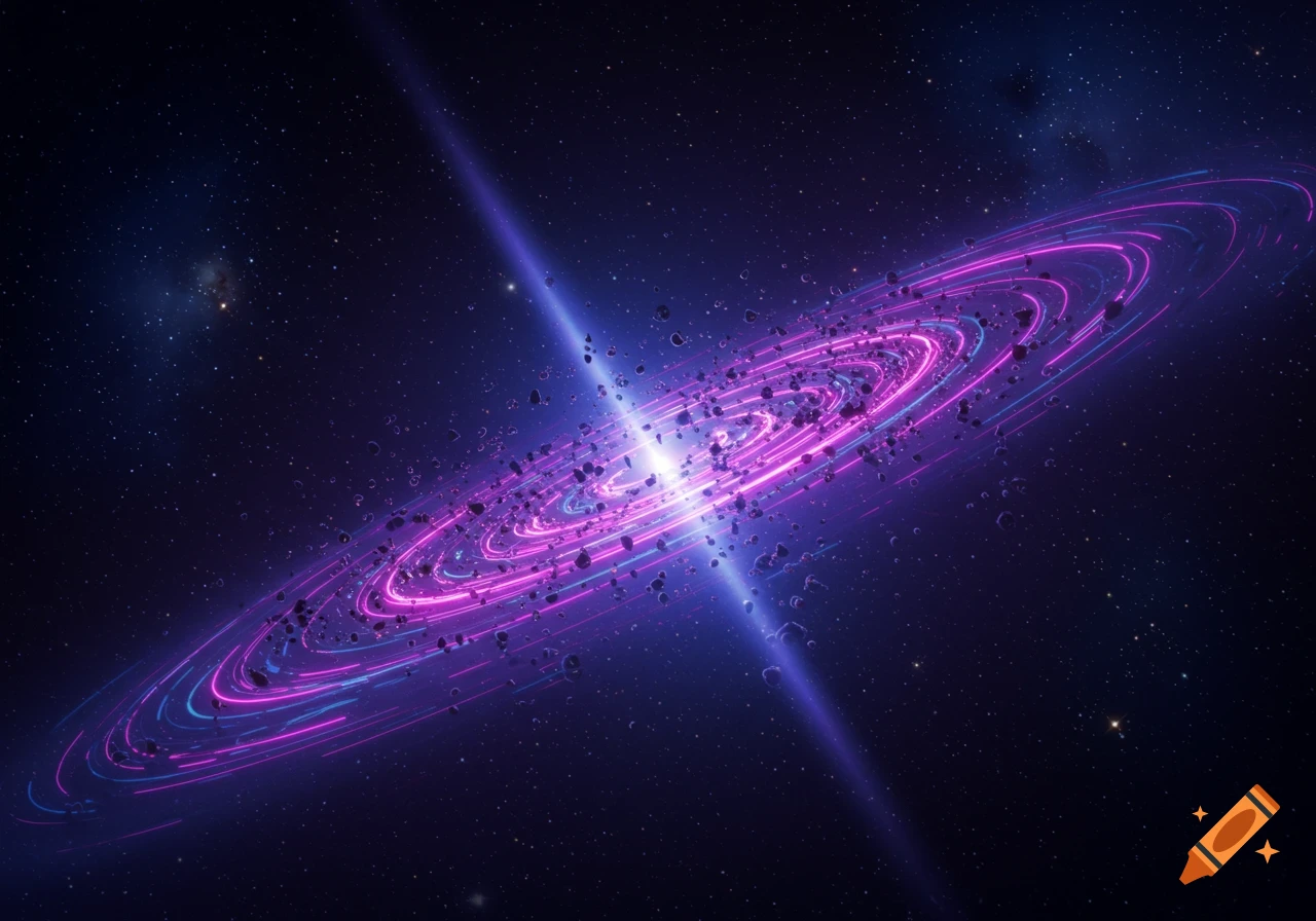 A vibrant, glowing cosmic body with a central bright light and swirling rings of purple and blue energy, amidst a dark, star-filled space.