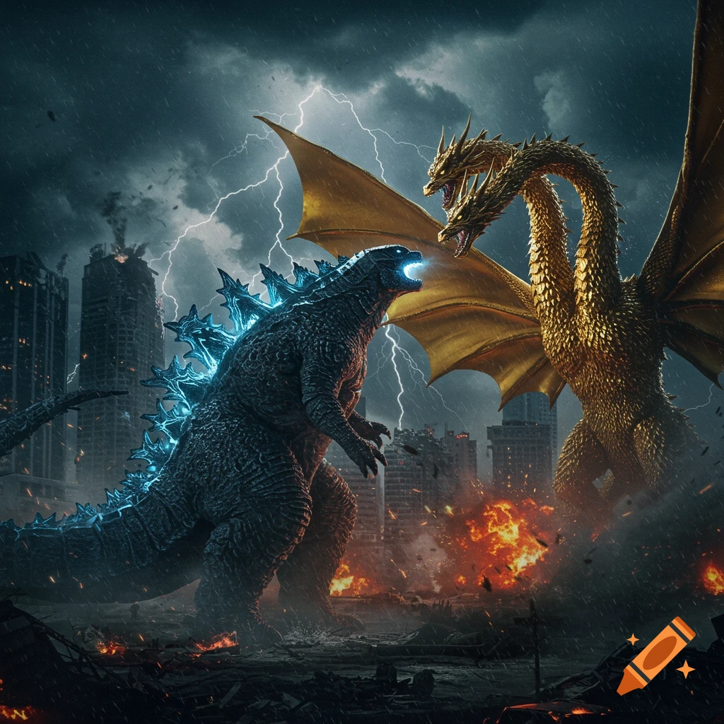 Godzilla and King Ghidorah battle fiercely in a ruined city under a stormy, lightning-filled sky, cinematic style.