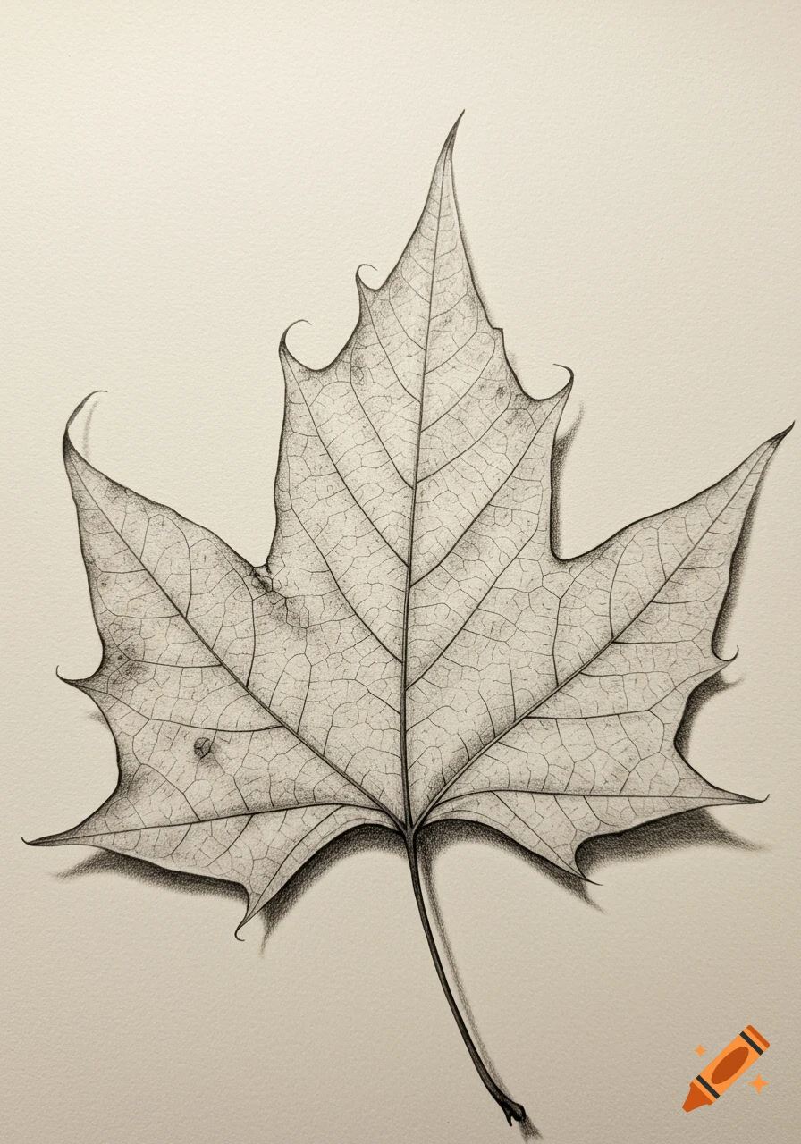 A detailed monochromatic pencil drawing of a dried maple leaf, showing intricate vein patterns.