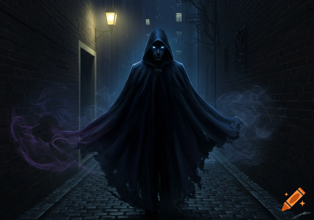 A mysterious hooded figure with glowing blue eyes stands in a dark, atmospheric cobblestone alley, with wisps of purple and blue smoke around them.